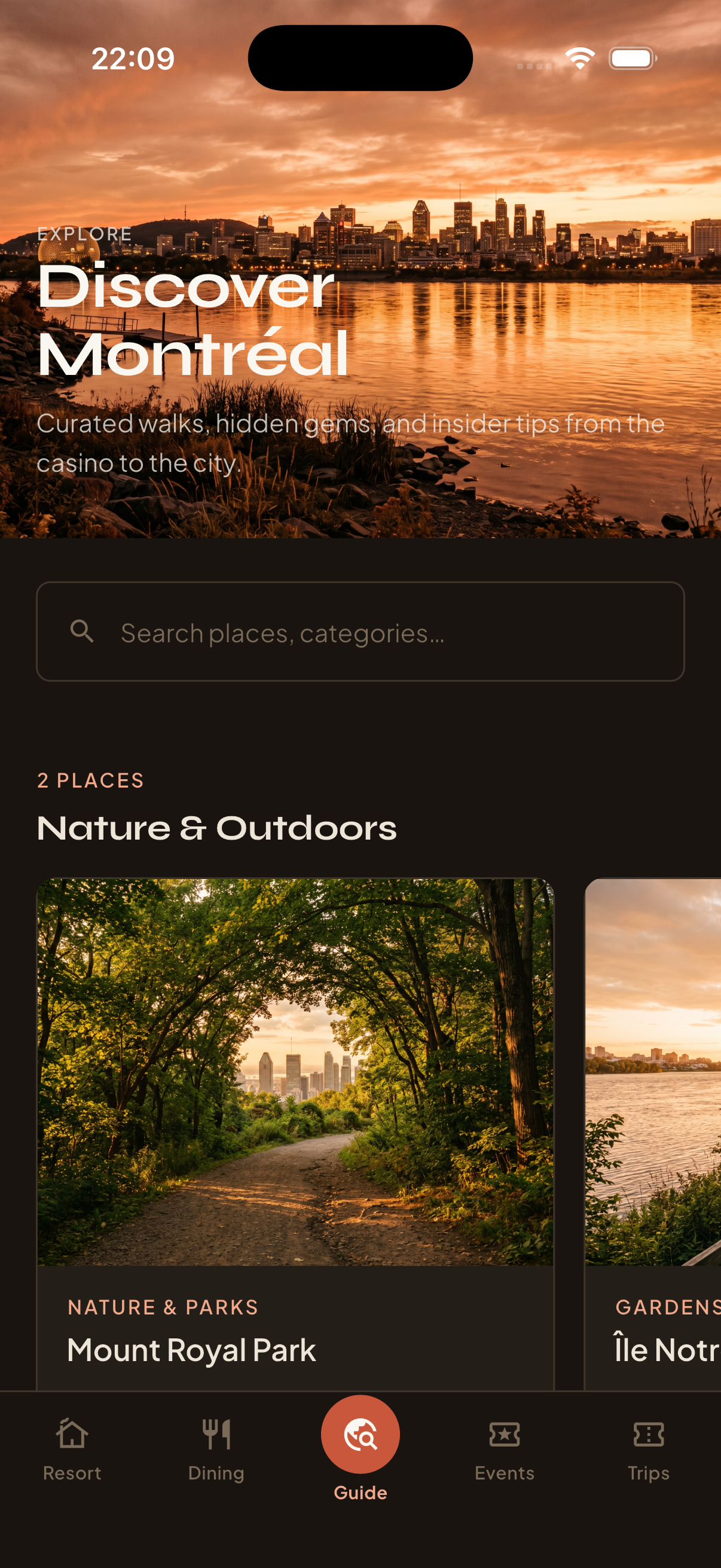 Area guide screen showing curated Montreal spots